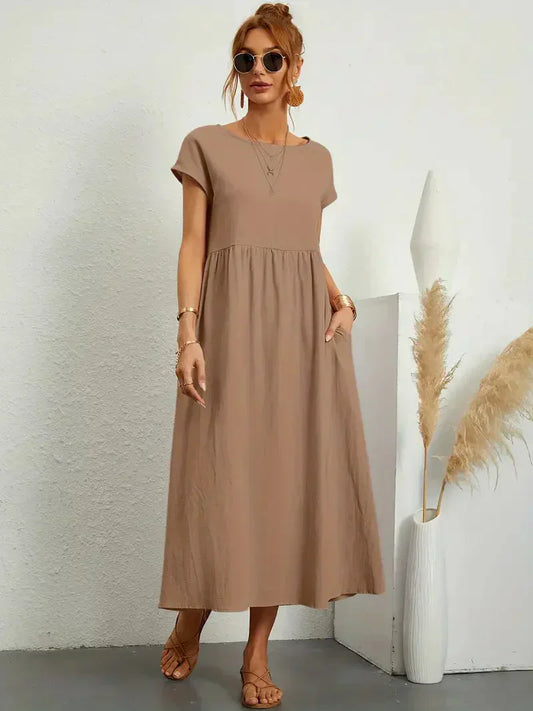 Robe longue femme – Coupe ample – Manches courtes – Taille froncée – Tissu respirant