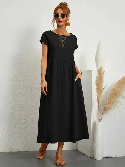 Robe longue femme – Coupe ample – Manches courtes – Taille froncée – Tissu respirant