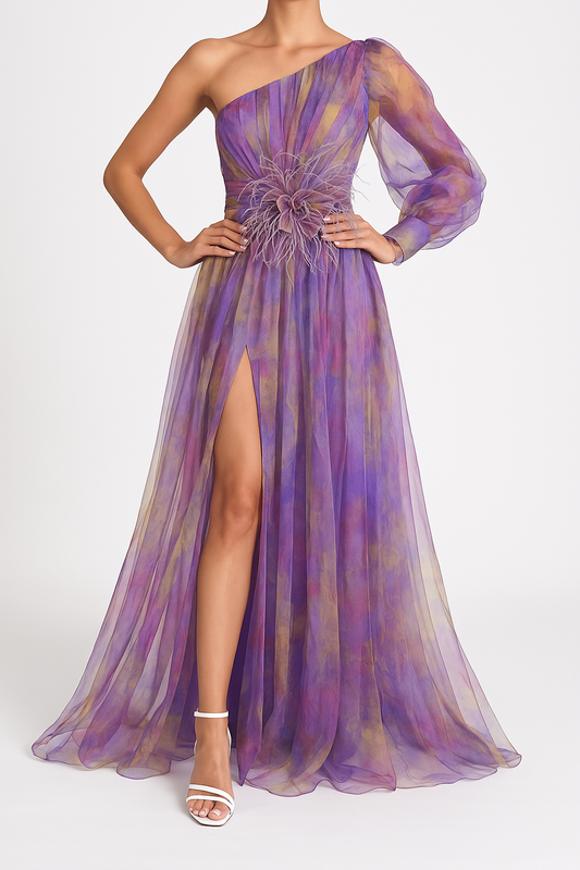 Robe de soirée femme – Une épaule – Fente haute – Tissu fluide élégant