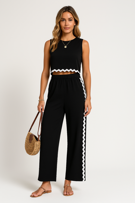 Women's Set – Short Tank Top and Long Pants – Loose Fit – Contrasting Finish