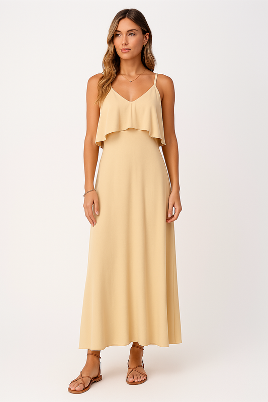 Robe Femme Longue – Coupe Fluide – Bretelles Réglables – Col Volant
