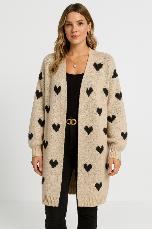 Gilet long femme – Maille douce – Coupe oversize – Motif cœurs – Style décontracté