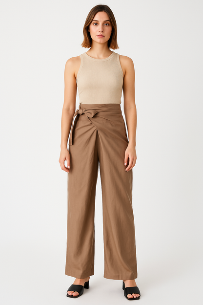 Pantalon femme large – Taille haute – Ceinture nouée – Tissu fluide – Longueur cheville