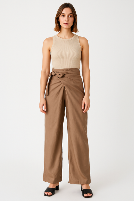 Pantalon femme large – Taille haute – Ceinture nouée – Tissu fluide – Longueur cheville