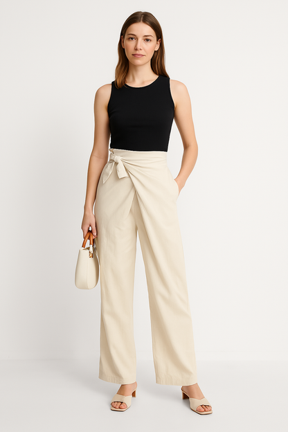 Pantalon femme large – Taille haute – Ceinture nouée – Tissu fluide – Longueur cheville