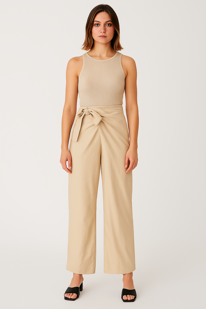 Pantalon femme large – Taille haute – Ceinture nouée – Tissu fluide – Longueur cheville