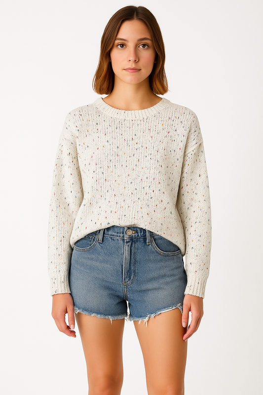 Pull Femme – Coupe Décontractée – Maille Douce – Finition Côtelée – Motif Moucheté