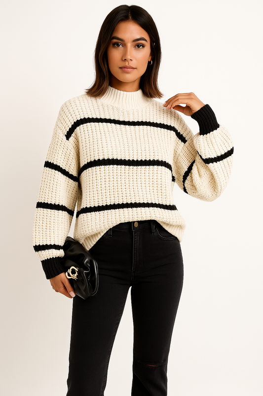 Pull femme – Maille douce – Coupe ample – Rayures classiques – Manches longues