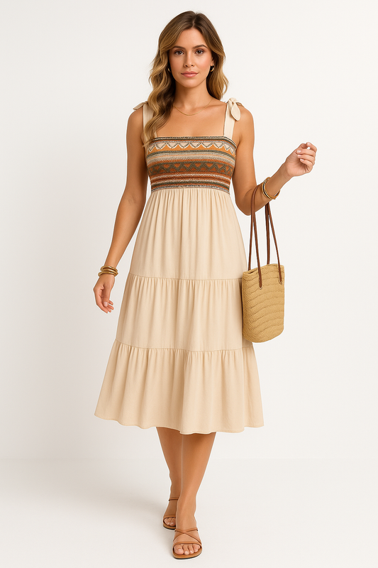 Robe femme évasée – Fibres naturelles – Motif ethnique – Bretelles à nouer – Mi-longue