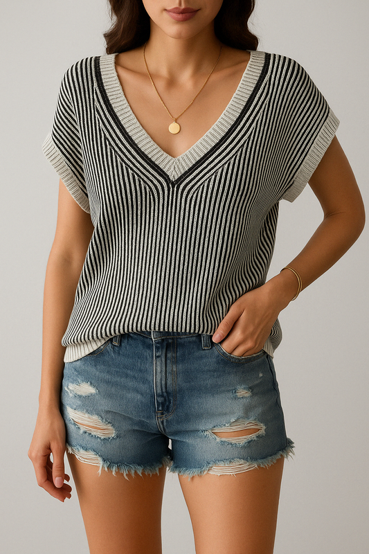 Gilet Sans Manches Femme – Coupe Décontractée – Tricot Doux – Col V Côtelé