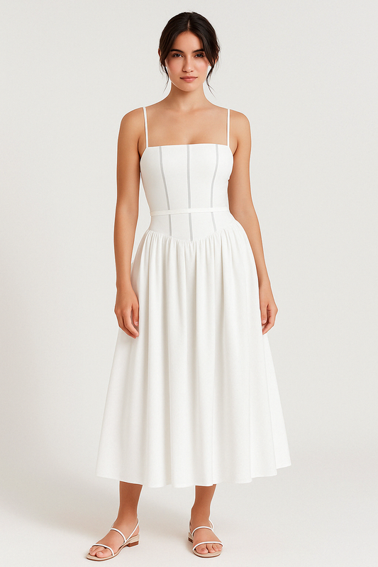 Robe femme midi – Coupe ajustée – Coton doux – Col carré – Bretelles fines