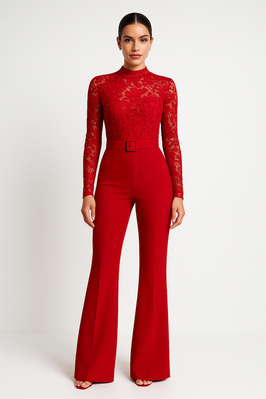 Women's jumpsuit – Fitted cut – Lace top long sleeves – Flared legs – Belted waist