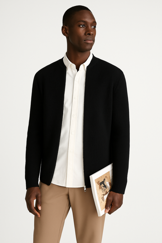 Gilet homme – Maille côtelée douce – Coupe décontractée – Fermeture zippée double