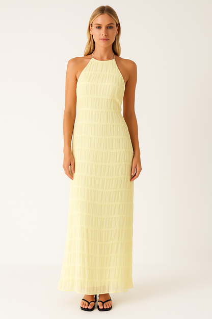 Robe longue femme – Col halter – Dentelle – Taille nouée – Coupe fluide