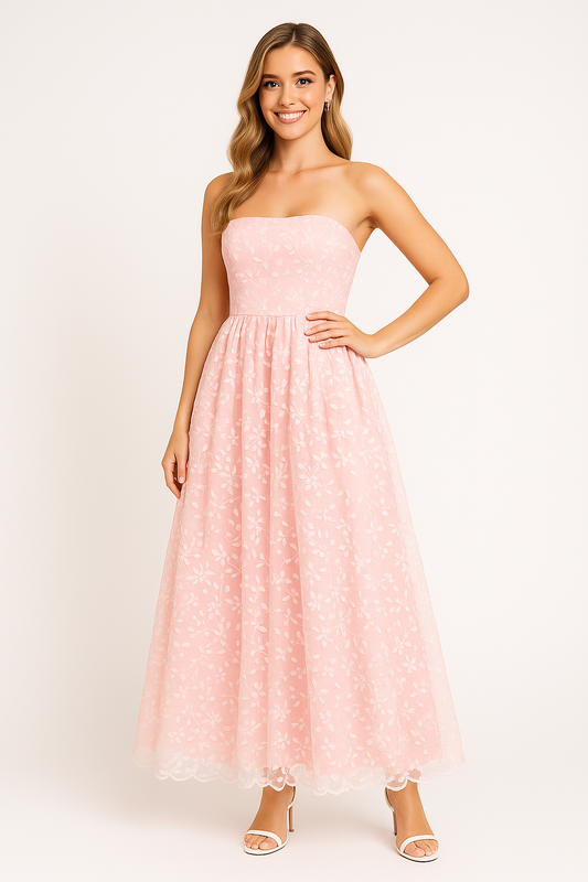 Women's evening dress – Strapless – Embroidered lace – Long flowing cut