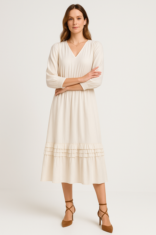 Robe midi femme – Coupe décontractée – Col en V – Volants – Manches longues