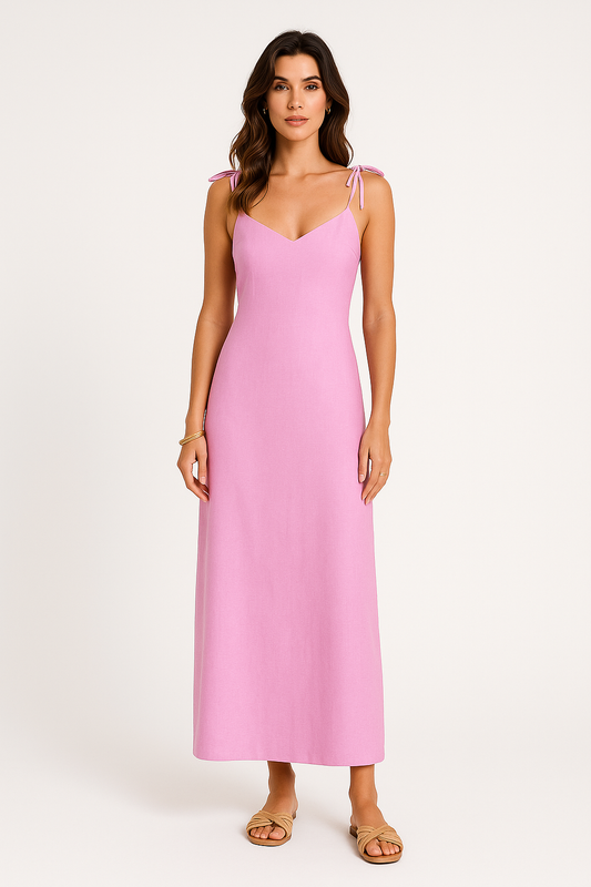 Robe longue femme – Lin et coton – Coupe évasée fluide – Bretelles réglables