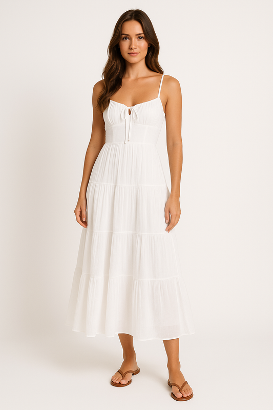 Robe longue femme – Coton léger – Bretelles fines – Dos nu – Jupe à volants
