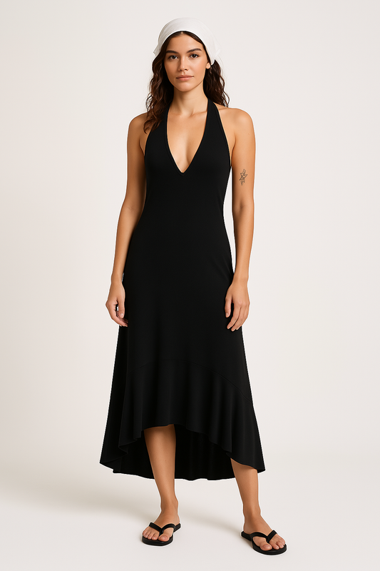 Robe longue femme – Coupe fluide – Décolleté en V – Halter – Ourlet asymétrique