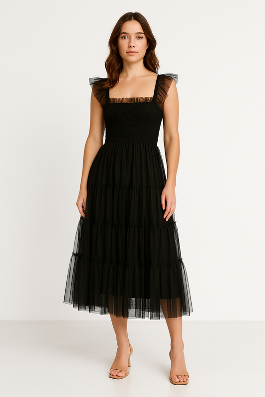 Robe midi femme – Haut smocké ajusté – Jupe en tulle à volants – Bretelles à volants