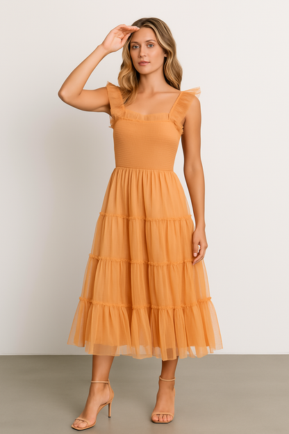 Robe midi femme – Haut smocké ajusté – Jupe en tulle à volants – Bretelles à volants