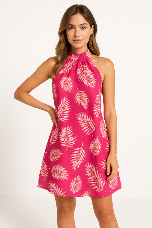 Women's Backless Dress – Loose Fit – Lightweight Fabric – Botanical Print – Mini Length