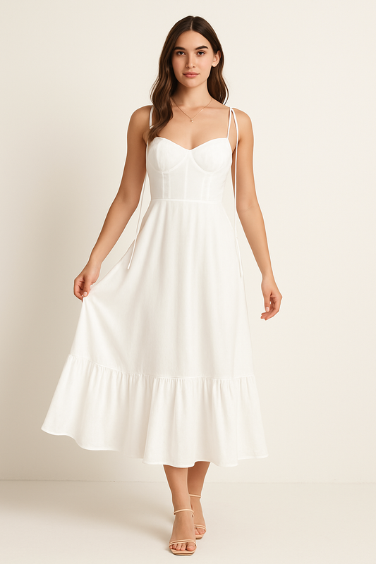Women's long dress – Breathable fabric – Thin straps – Ruffled hem – Flowing fit