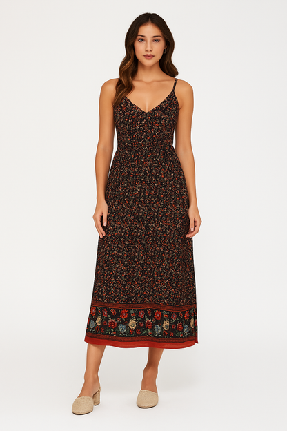 Robe longue femme – Coupe fluide – Imprimé fleuri – Bretelles fines – Style bohème