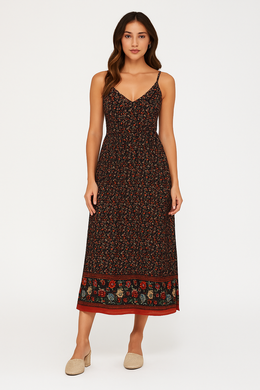 Robe longue femme – Coupe fluide – Imprimé fleuri – Bretelles fines – Style bohème