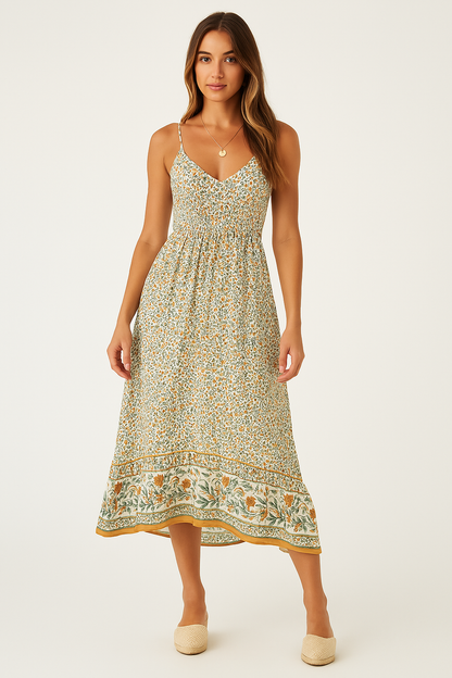 Robe longue femme – Coupe fluide – Imprimé fleuri – Bretelles fines – Style bohème