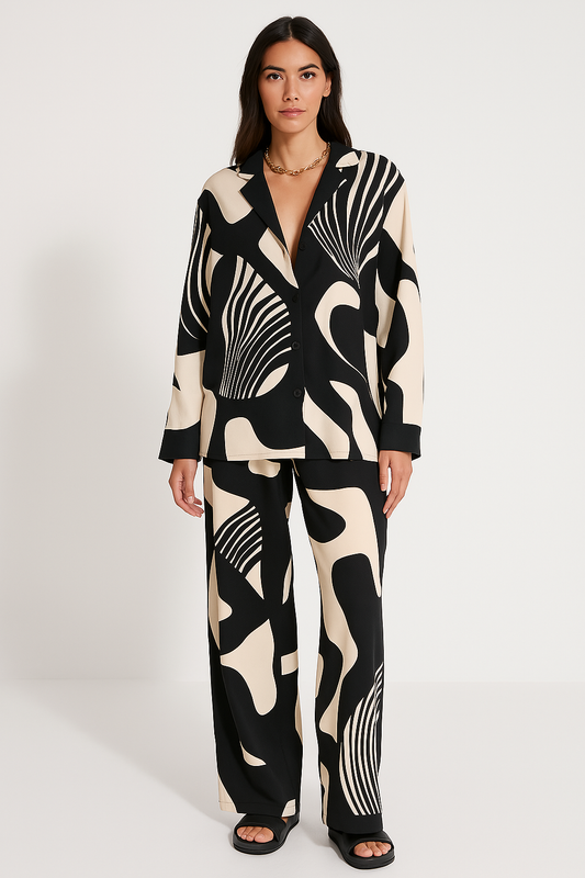 Ensemble Femme – Haut Boutonné Manches Longues – Pantalon Large Taille Haute