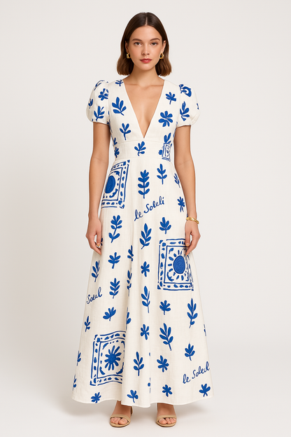 Robe longue femme – Encolure en V – Manches bouffantes – Jupe fluide imprimée