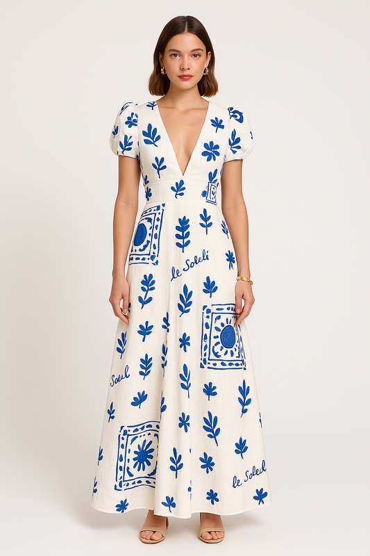 Robe longue femme – Encolure en V – Manches bouffantes – Jupe fluide imprimée