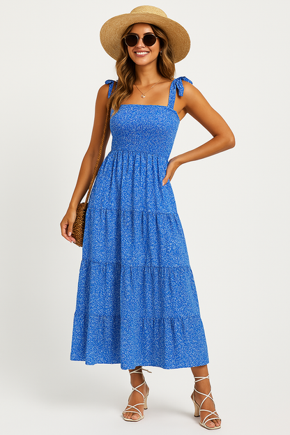 Robe longue femme – Bretelles à nouer – Buste smocké – Jupe volantée – Fibres naturelles