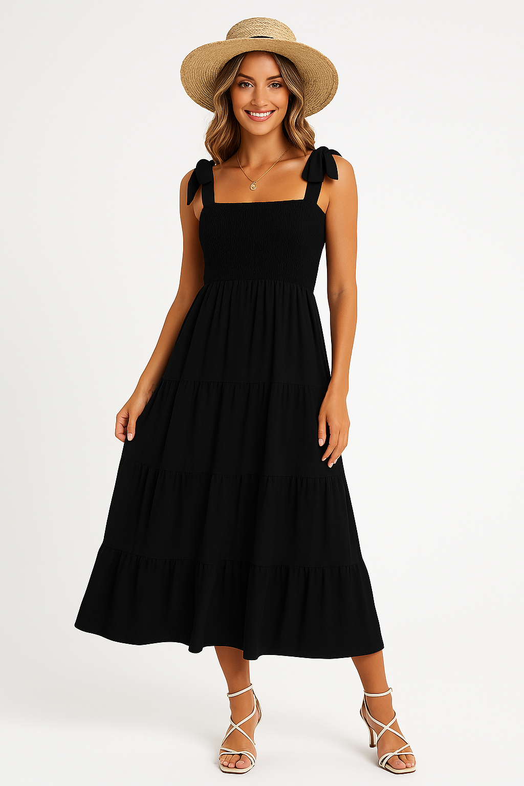 Robe longue femme – Bretelles à nouer – Buste smocké – Jupe volantée – Fibres naturelles