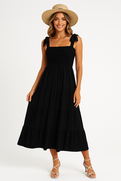 Robe longue femme – Bretelles à nouer – Buste smocké – Jupe volantée – Fibres naturelles