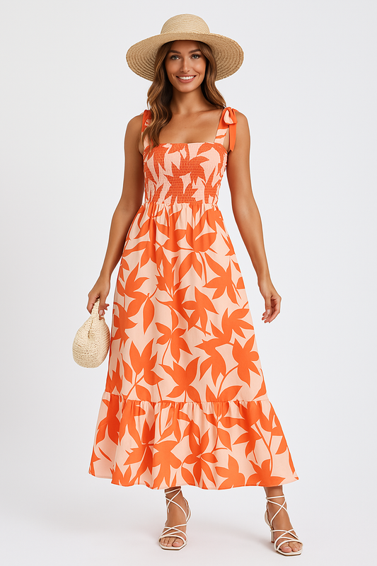 Robe longue femme – Bretelles à nouer – Buste smocké – Jupe volantée – Fibres naturelles