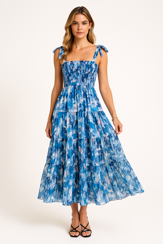Robe longue femme – Bustier froncé – Bretelles réglables – Jupe évasée à volants – Imprimé fleuri