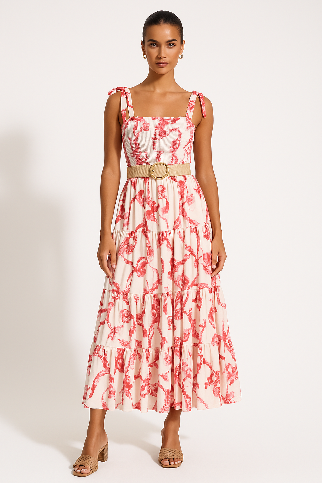 Robe longue femme – Bustier froncé – Bretelles réglables – Jupe évasée à volants – Imprimé fleuri