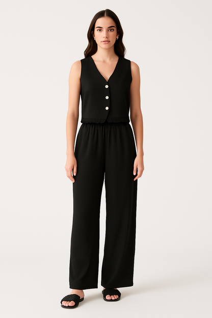 Women's Set Vest and Wide Pants – Fitted Cut – Soft Breathable Fabric – Lace Trims