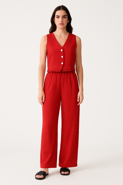 Women's Set Vest and Wide Pants – Fitted Cut – Soft Breathable Fabric – Lace Trims