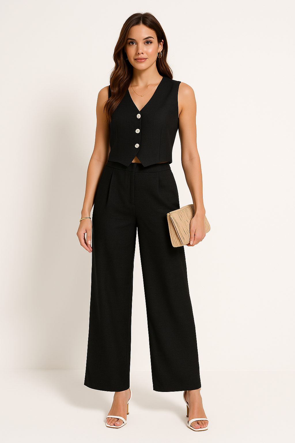 Women's vest – Slim fit – Textured fabric – Short – V-neck – Buttoned front