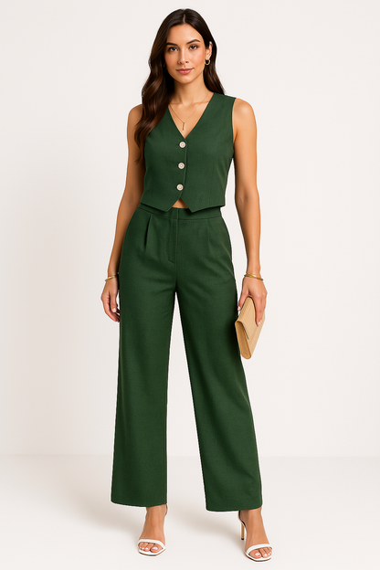 Women's vest – Slim fit – Textured fabric – Short – V-neck – Buttoned front
