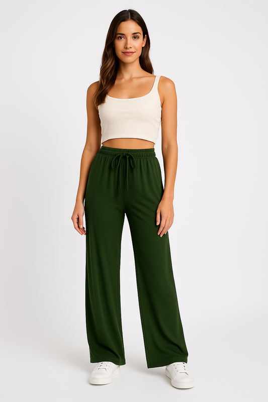 Pantalon large femme – Coupe décontractée – Taille élastique avec cordon – Longueur totale