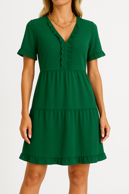 Robe trapèze femme – Col en V – Volants – Coupe ample – Manches courtes – Tiers