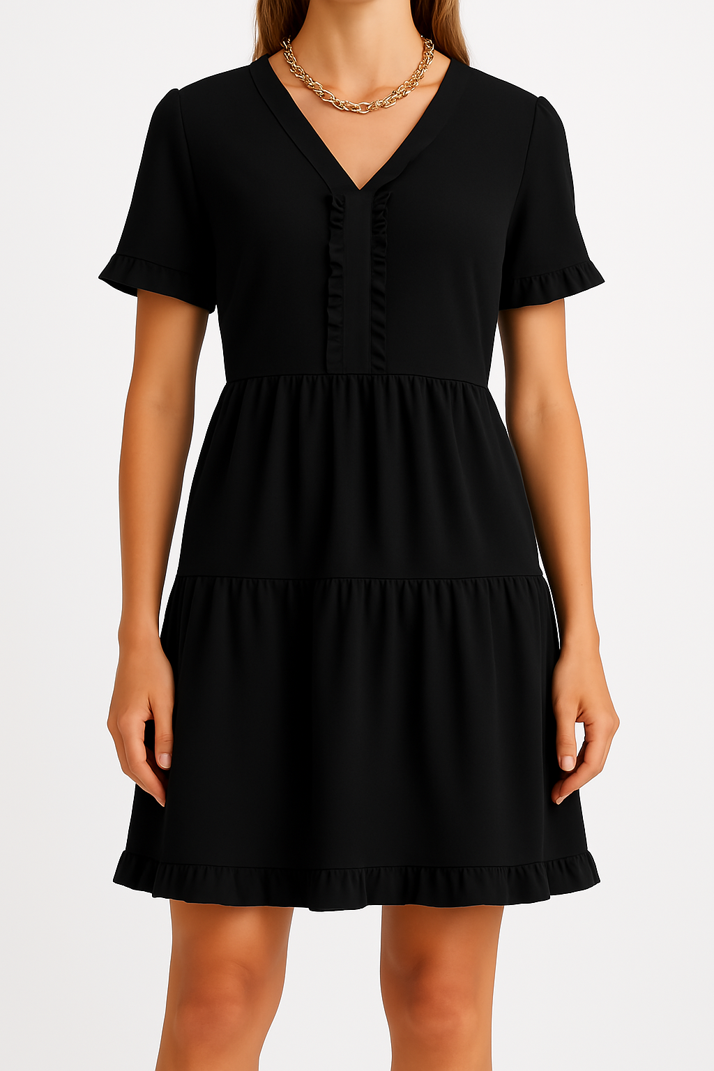 Robe trapèze femme – Col en V – Volants – Coupe ample – Manches courtes – Tiers