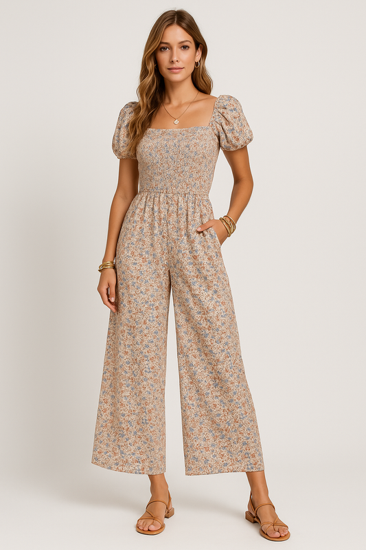 Women's Jumpsuit – Smocked Bodice – Puff Sleeves – Wide Leg – Floral Print