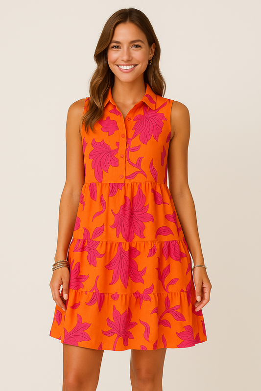 Robe courte femme – Coupe évasée – Sans manches – Boutonnée – Imprimé fleuri