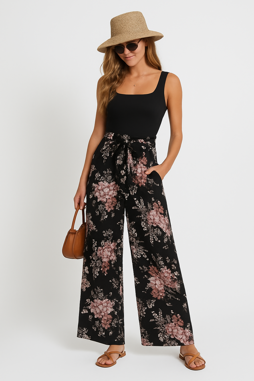 Women's jumpsuit – Floral – Loose fit – Sleeveless – Belted waist – Long