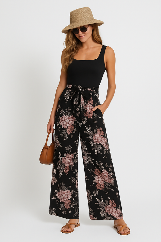 Women's jumpsuit – Floral – Loose fit – Sleeveless – Belted waist – Long